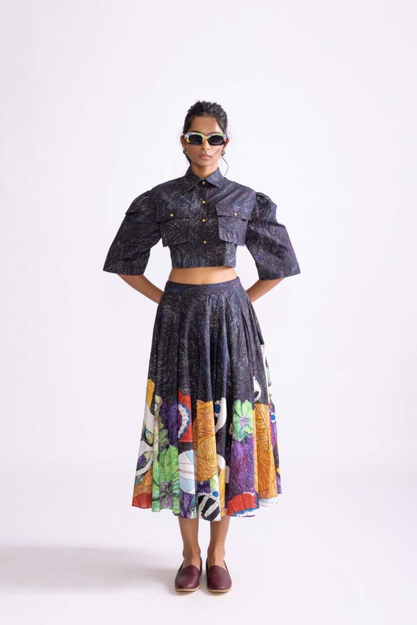 High-Waist Tribal Placement Print Flared Midi Skirt — Saaksha and Kinni