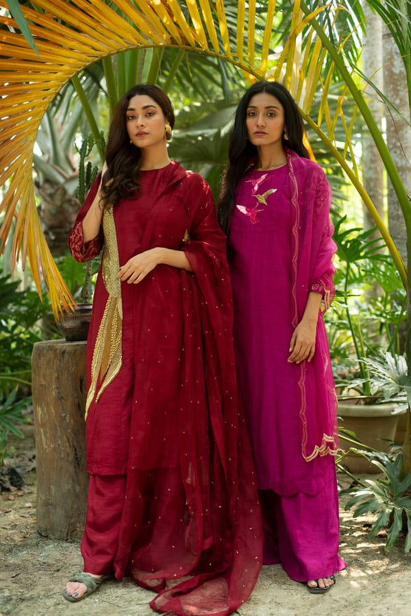 Pink A-Line Embroidered Kurta Set With Palazzo And Dupatta — SHRISTICHETANI
