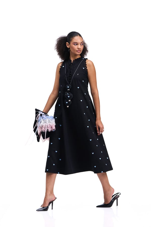 Black Cotton Linen Heart-Embroidered A-Line Midi Dress — Our Love