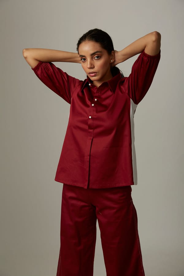Maroon Colorblocked Shirt and Wide-Leg Pants Co-ord Set — Escape By Aishwarya