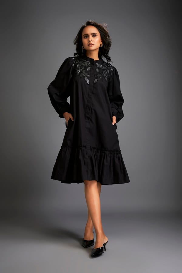 Floral Embroidered Dress With Long Structured Sleeves — Deepika Arora