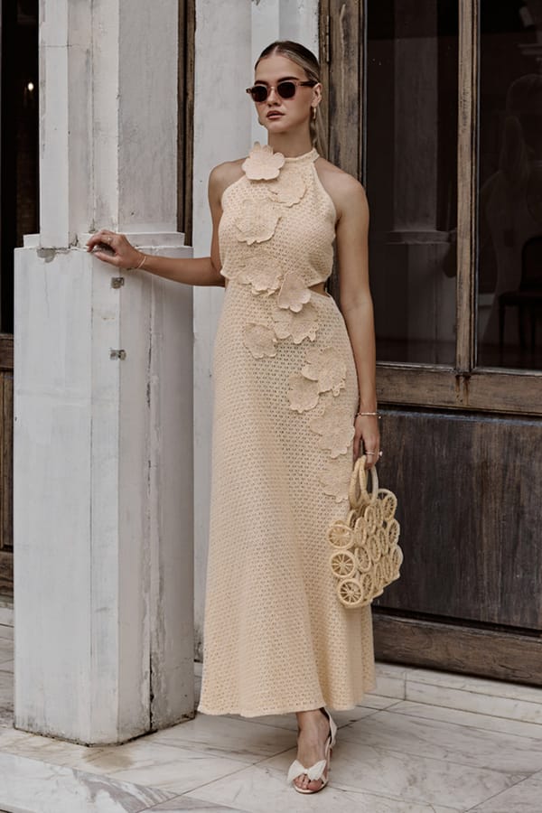 Creame Cotton Crochet Halter Maxi Dress with 3D Florals — BOHO-CHIC