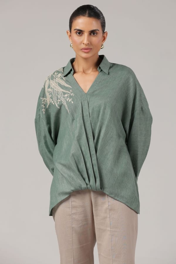 Sage Green Embroidered Collared Relaxed Shirt — Truly SMA