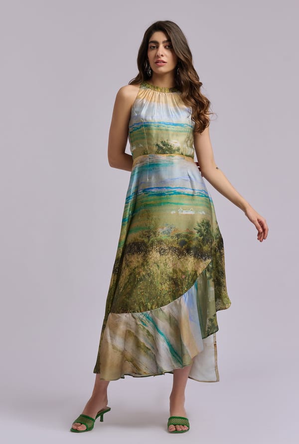 Scenery Print Halter Neck Fit and Flare Midi Dress — THE TROPIQ