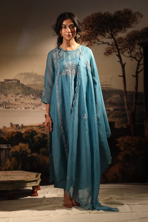 Turquoise Embroidered Chanderi Kurta Set with Slip — Tatwa Designs