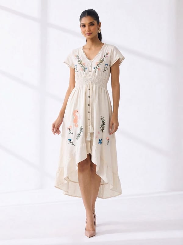 Natural Embroidered Smocked Waist Midi Dress — ROBIN