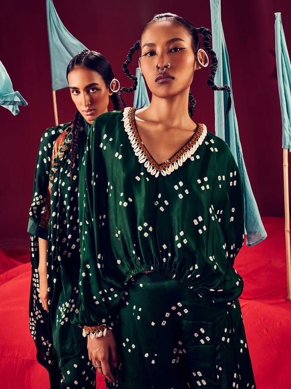 Green Bandhani Kaftan and Sharara Co-ord Set — 5 Elements
