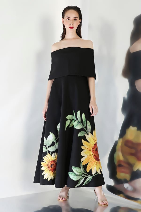 Black Neoprene Maxi Dress with Detachable Wrap Overlay — OZEQO