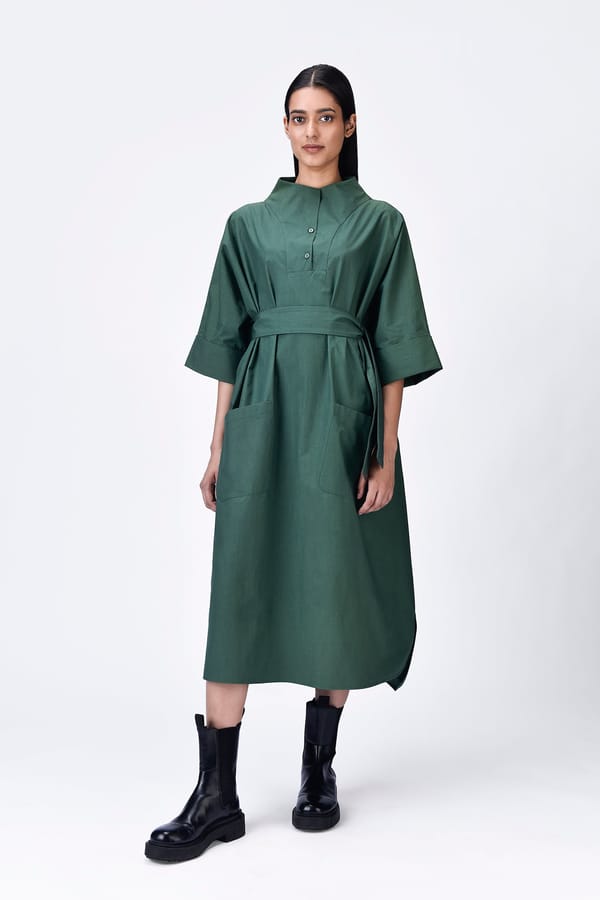 Pine Green Oversized Cotton Poplin Maxi Shirt Dress — Genes Lecoanet Hemant