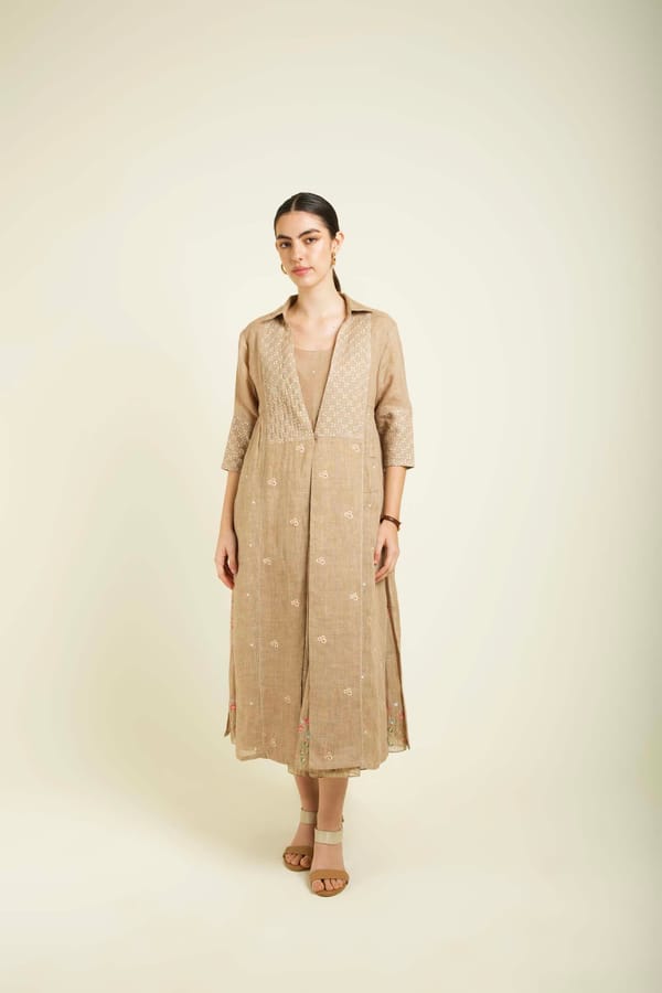 Beige Tiered Midi Dress with Embroidered Jacket Set — Arcvsh Pallavi Singh