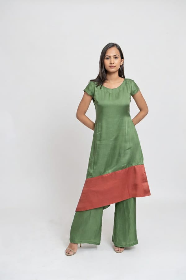 Olive Colorblock Asymmetrical Kurta Set with Wide-Leg Pants — Neora