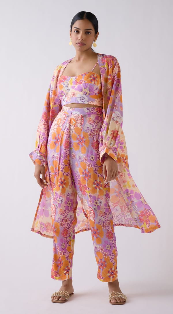 Lilac Muslin Floral Cape Set — Basanti Kapde aur Koffee