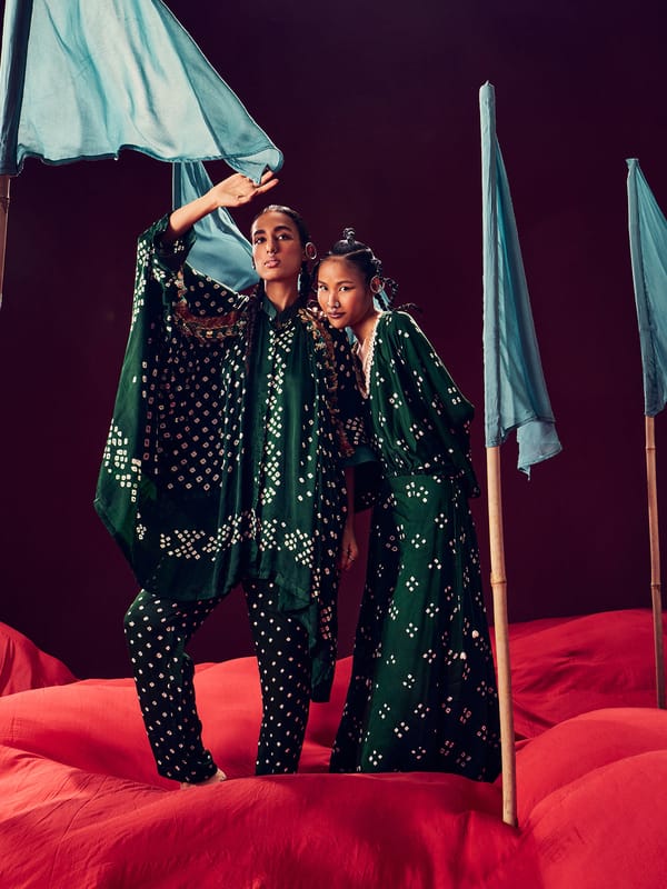 Green Bandhani Kaftan Top and Pants Co-ord Set — 5 Elements