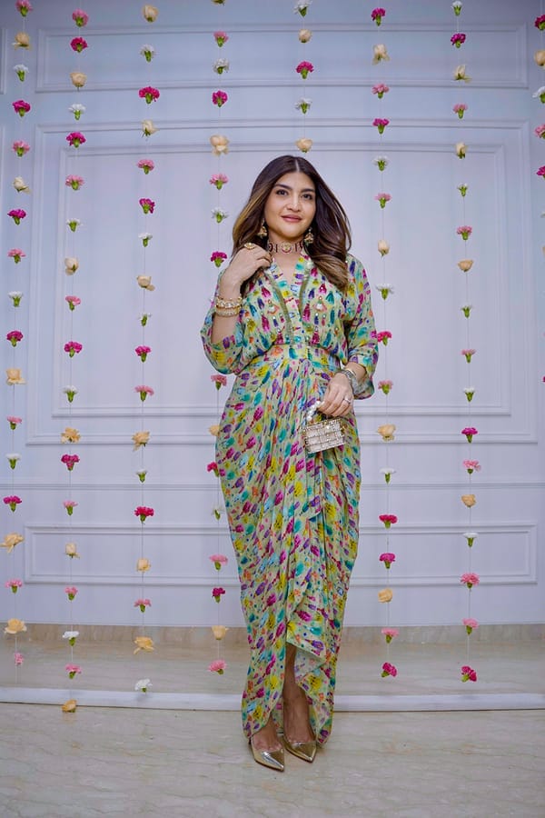 Green Ikat Print Draped Maxi Dress with Mirror Work — BUMBLEBEE