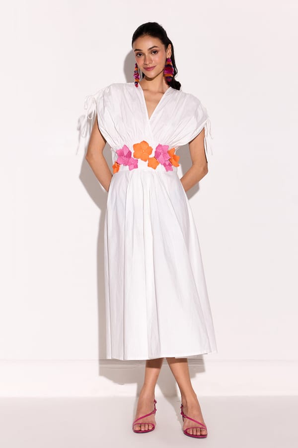 White Cotton Poplin Midi Dress with 3D Floral Waist — BOHO-CHIC