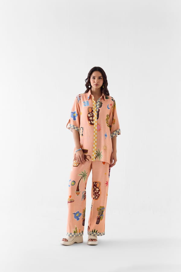 Peach Printed Linen Shirt and Wide-Leg Trousers Co-ord Set — Studio Rigu