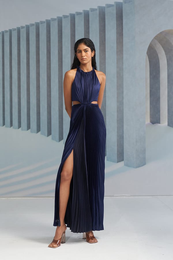 Blue Halter-Neck Pleated Maxi Gown with Waist Cut-Outs — Pleats by Aruni