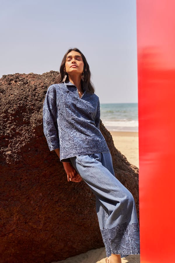 Indigo Wide-Leg Denim Trousers with Embroidered Hem — Dash and Dot