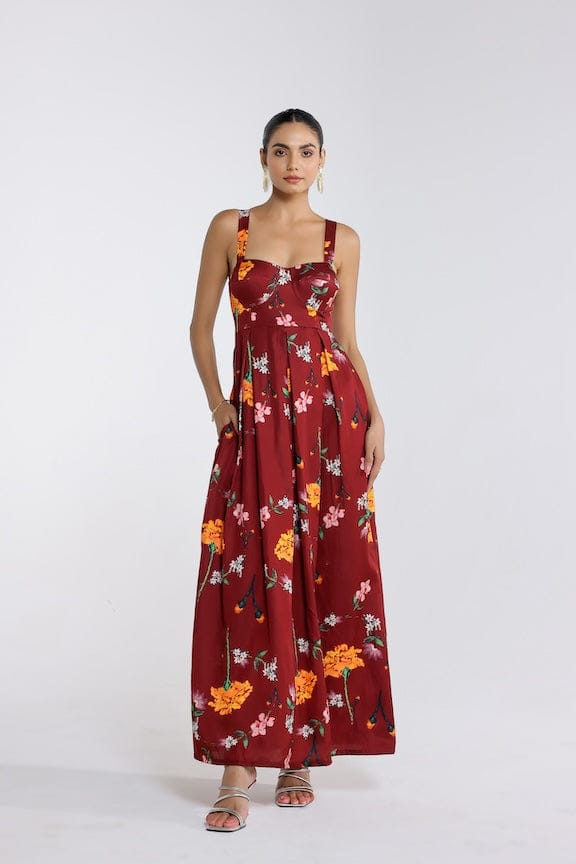 Maroon Floral Cotton Silk Underwired Maxi Dress — STUDIO SURBHI