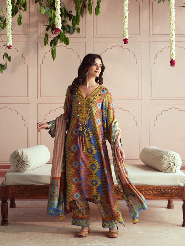 YASMIN ASYMMETRICAL KURTA WITH PANT AND DUPATTA — TASHA INDIA