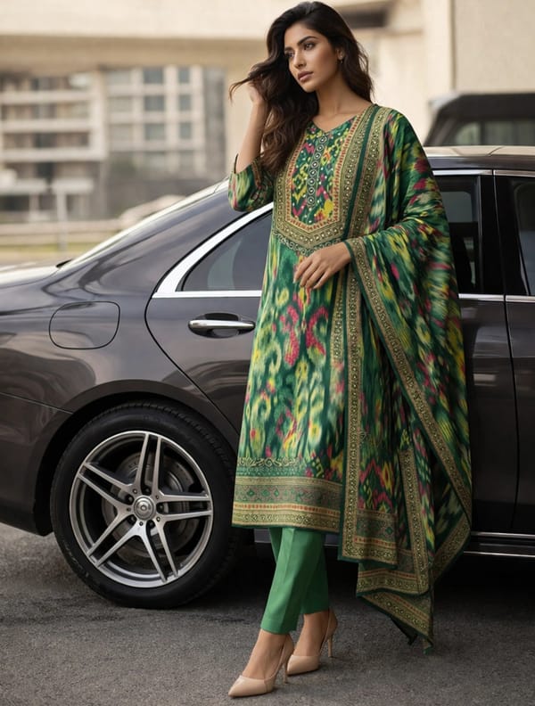 Green Ikat Print Embroidered V-Neck Kurta Pant Dupatta Set — Truebrowns