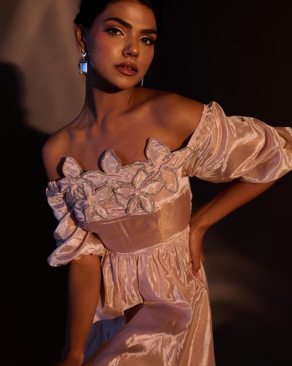 Weaving Cult Rose Gold Tissue Embellished Off Shoulder Dress — Weaving Cult