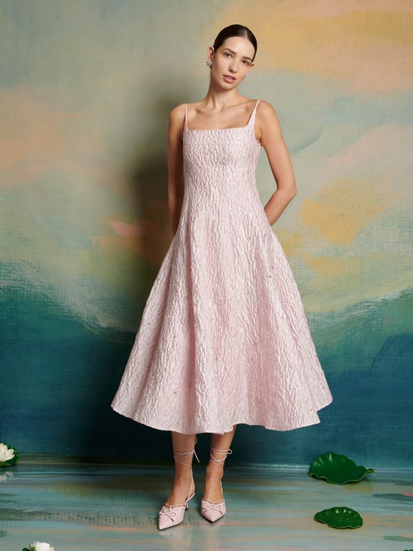 Pink Jacquard Embellished Fit and Flare Midi Dress — SISTER JANE