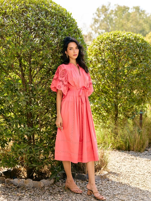 Pink Tiered Midi Dress with Schiffli Sleeves and Belt — Style Island