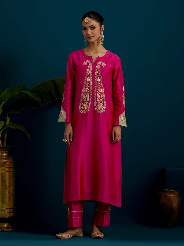 Fuchsia Silk Chanderi Embroidered Kurta Pant Set — Anantaa