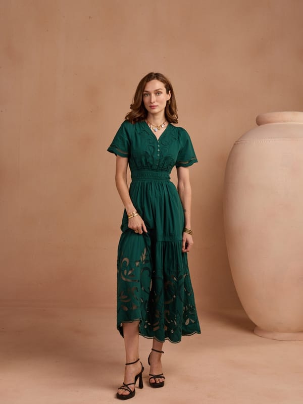 Green Cotton Cutwork Midi Dress with Smocked Waist — Style Island