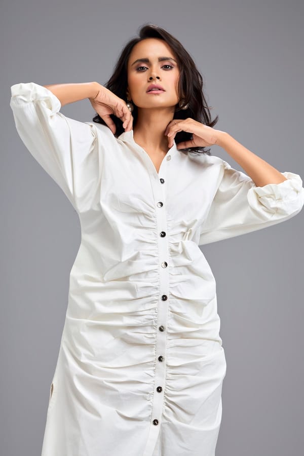 White Ruched Button-down Shirt Dress — Deepika Arora