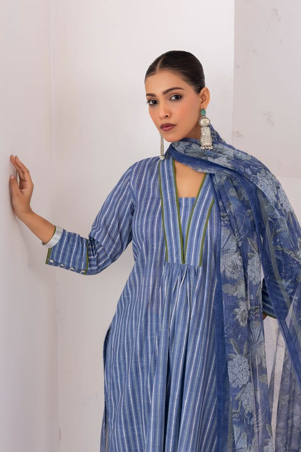 Blue Striped Cotton Slub Kurta Set with Dupatta — CHHIPA JAIPUR