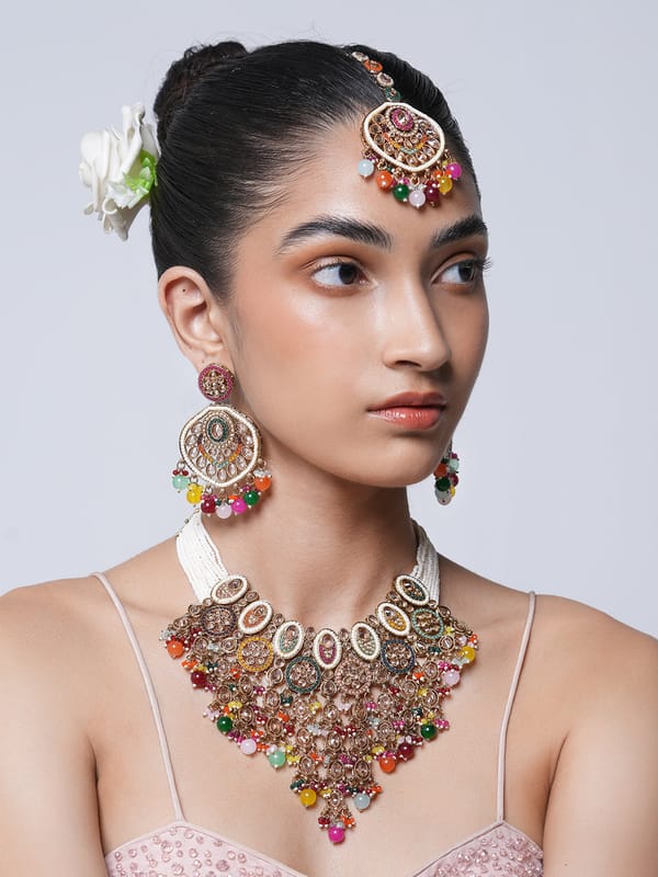 Multicolor Reverse AD Heavy Bridal Necklace Set — Cao Jewellery