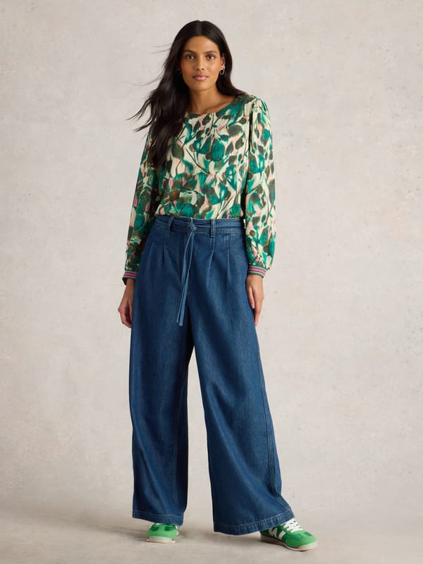 Green Abstract Printed Viscose Full Sleeve Top — White Stuff