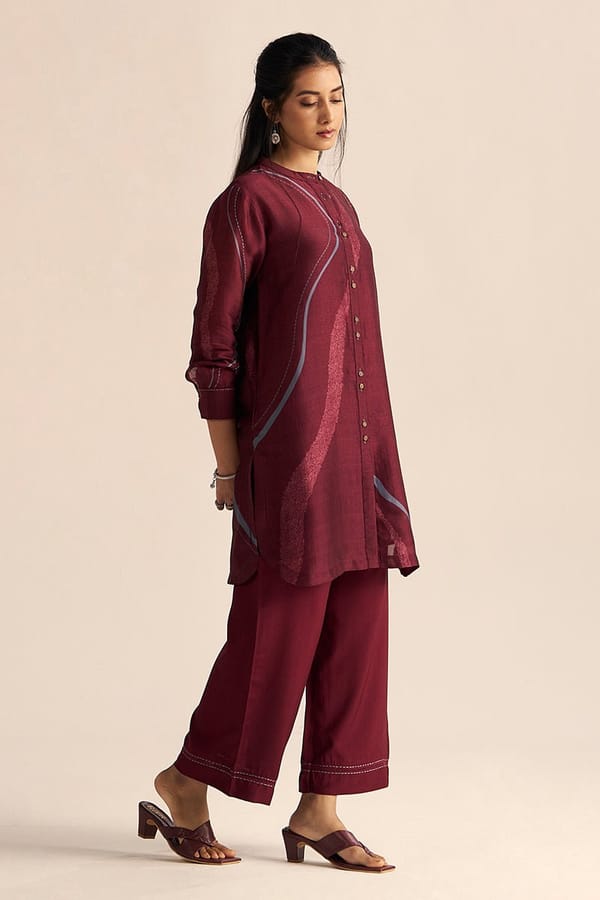 Cordovan Silk Kurta and Wide-Leg Pants Co-ord Set — Ganga Fashions Pvt Ltd