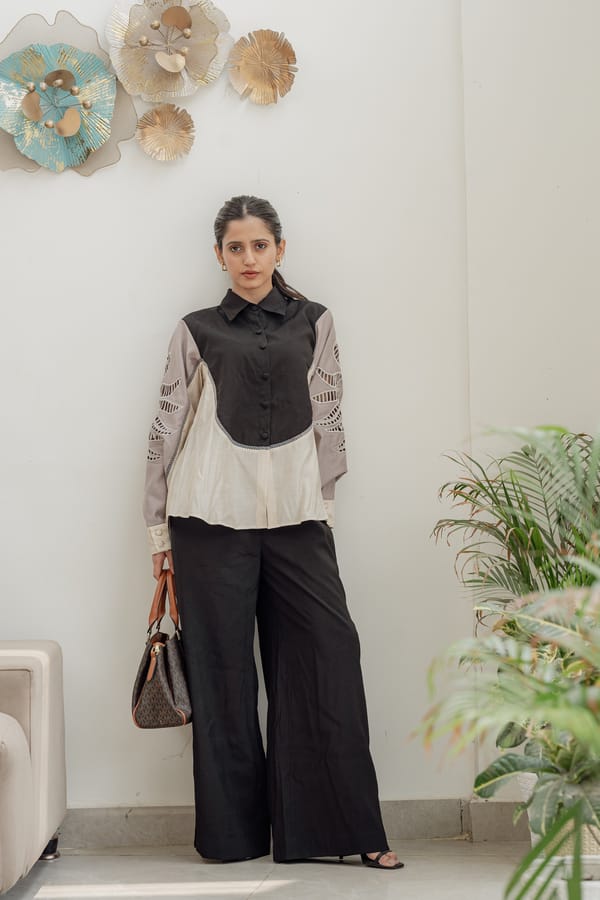 Black Colorblock Shirt and Wide-Leg Pants Co-ord Set — An'era by Asmita Verma