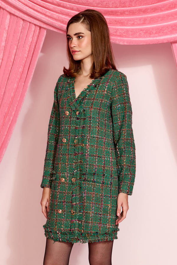 Green Tweed Checked Double-Breasted Mini Dress — AVERIE