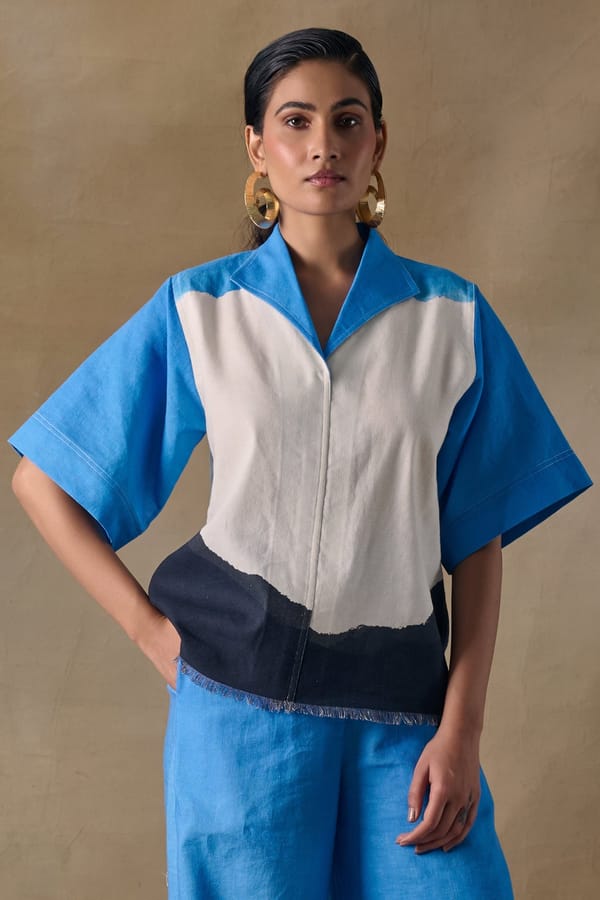Blue Wash Linen Colorblock Kaftan Top — Pocketful Of Cherrie