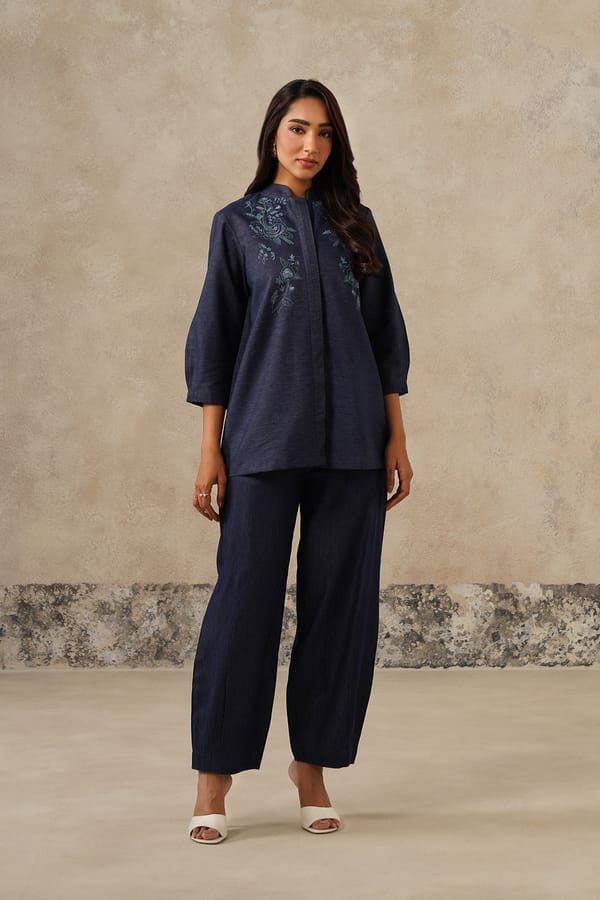 Naaz Denim Roses Embroidered Co-ord Set — INCHING INDIA