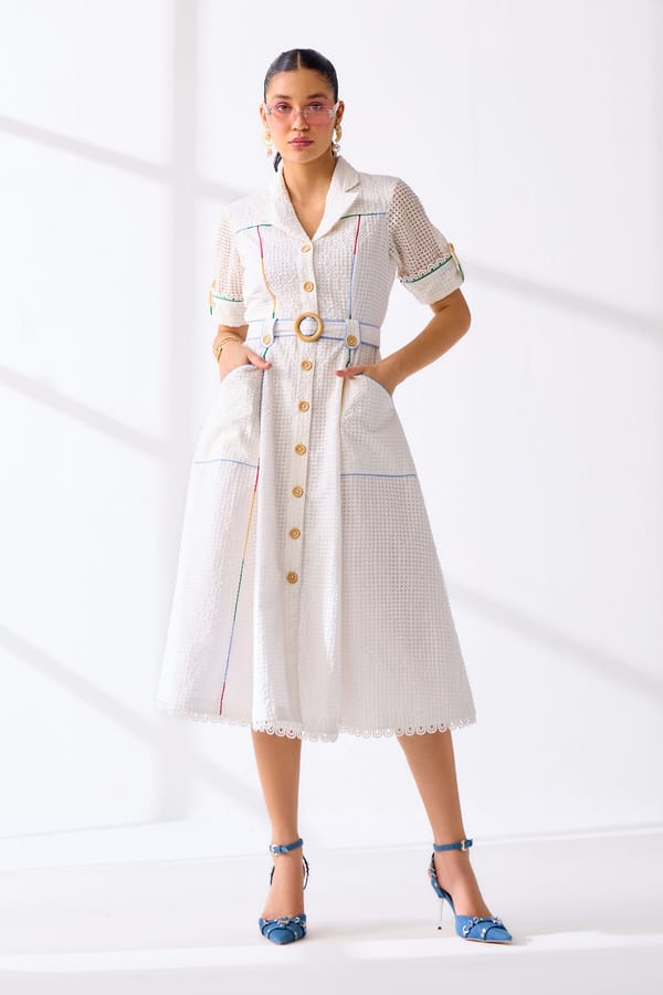 White Belted Midi Shirt Dress with Contrast Piping — Our Love
