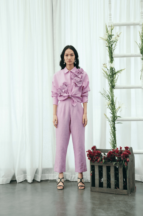 Purple Linen High-Rise Straight-Leg Trousers — Pleats by Aruni