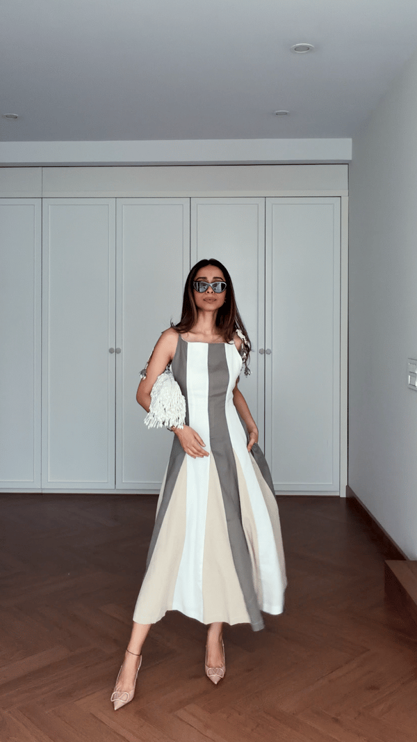 Neutral Colorblock Cotton Linen A-Line Midi Dress — Our Love