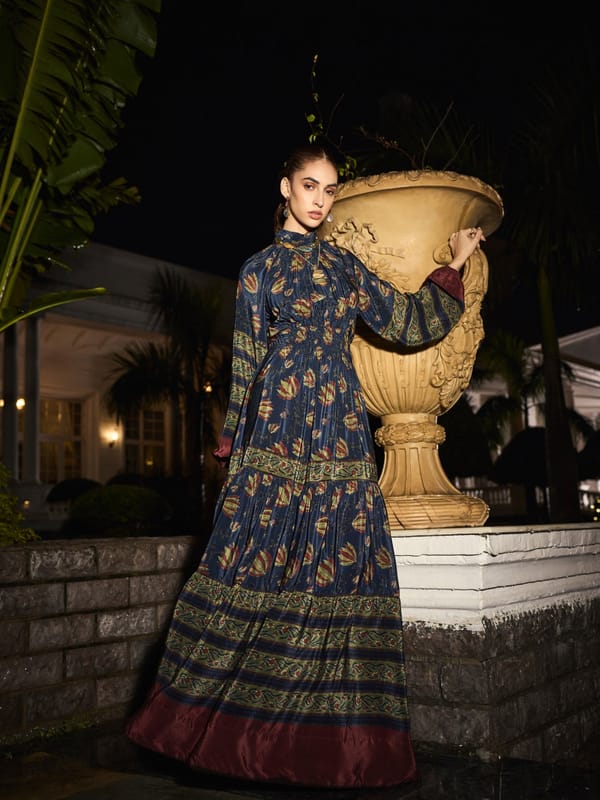 Blue Printed High-Neck Tiered Maxi Dress — Style Island