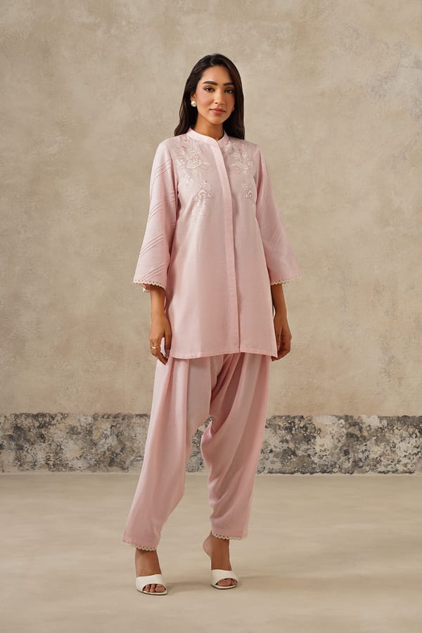 Naaz Blush Pink Linen Embroidered Co-ord Set — INCHING INDIA
