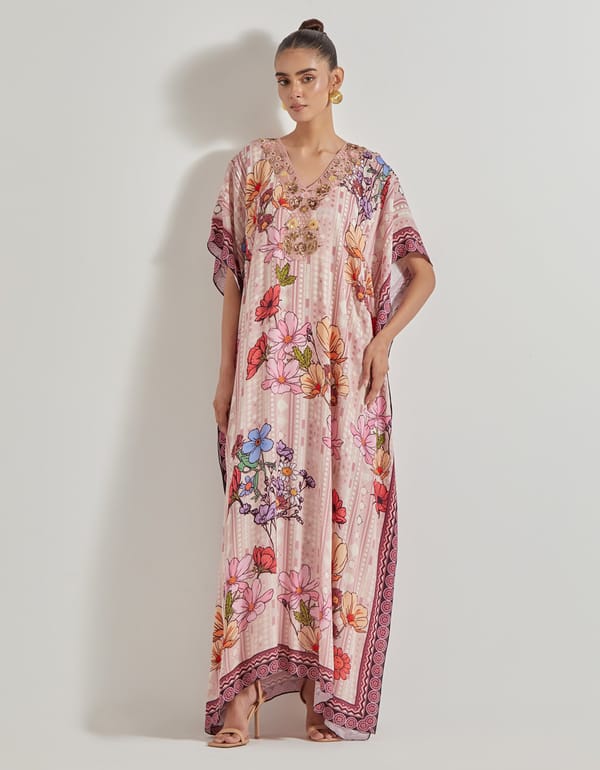 Pink Floral Printed Georgette Kaftan with Embroidered Neck — Kavita Bhartia