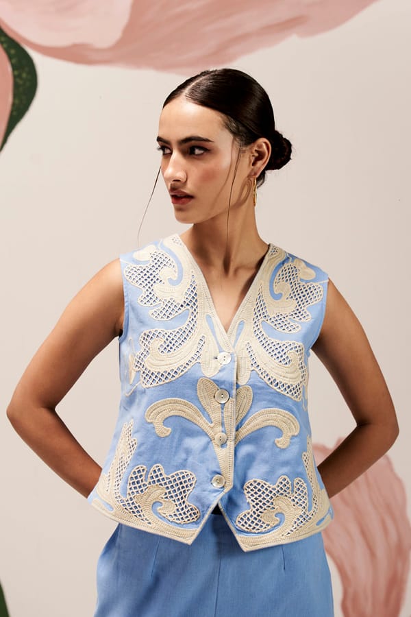 Blue Linen Cutwork Waistcoat and Wide-Leg Pants Co-ord Set — BOHO-CHIC
