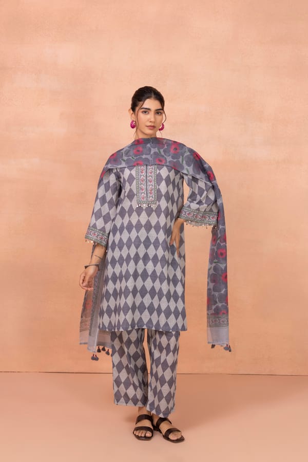 Grey Geometric Straight Kurta Set with Dupatta — CHHIPA JAIPUR