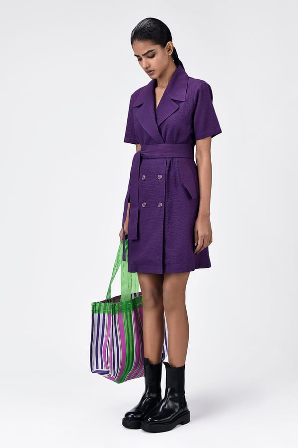 Amethyst Seersucker Lapel Collar Belted Straight Dress — Genes Lecoanet Hemant