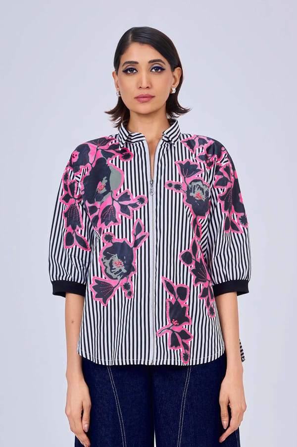 Black/White Striped Zip-Front Shirt with Pink Floral Applique — KOR