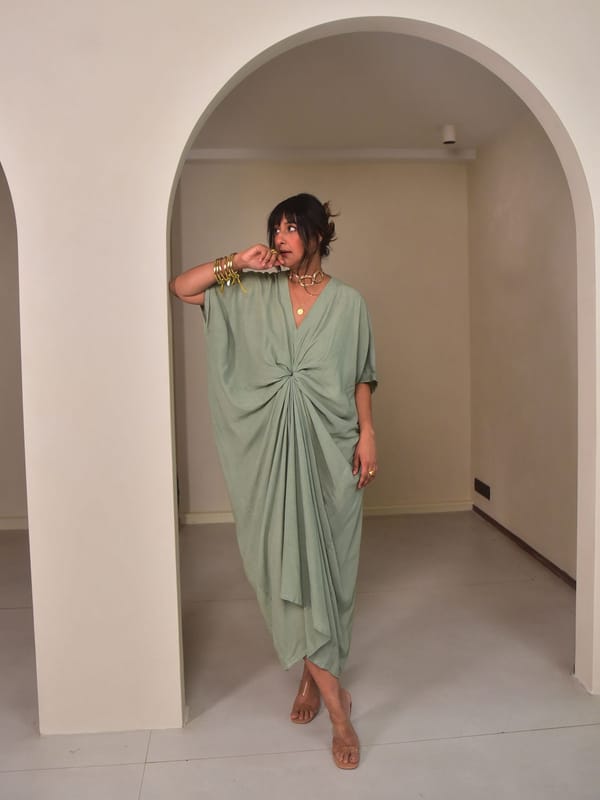 Green Rayon Maxi Kaftan with Front Knot Detail — Why So Blue